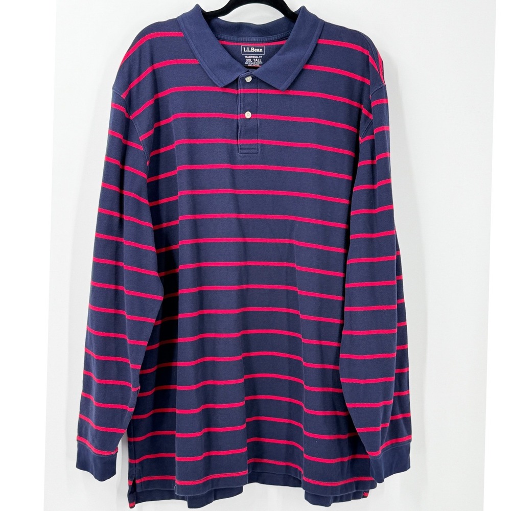 LL Bean Mens sz 3XL Tall Navy Red Striped‎ Long Sleeve Polo Rugby Shirt preppy